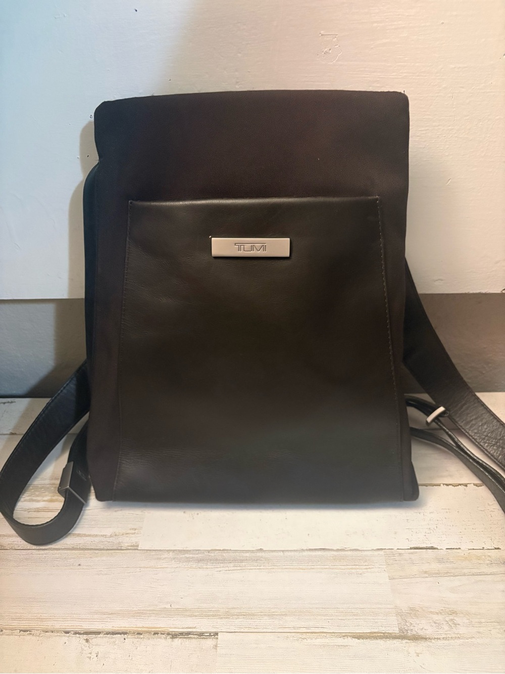 Tumi Black Leather & Nylon Backpack Pristine Condition
